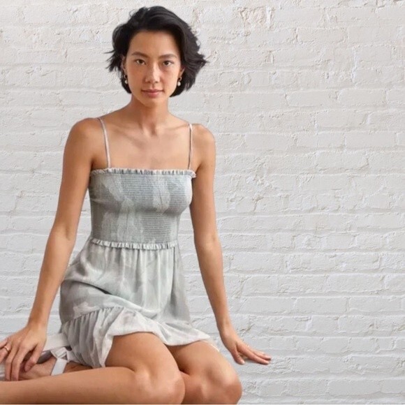 Aritzia Wilfred Size XXS Catamaran‎ Ruffle Mini Dress Silver Sage Green Coquette - Picture 9 of 9